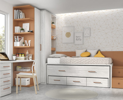 Chambre enfant avec lit gigogne avec escalier et 3 tiroirs, armoire d'angle, et bureau avec tiroirs