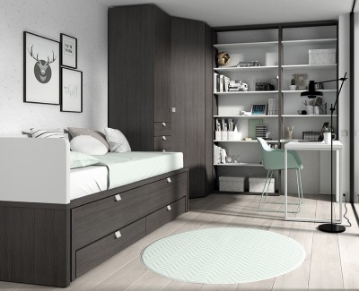 Chambre ado avec lit gigogne avec 2 tiroirs, armoire d'angle, et bureau avec etagère