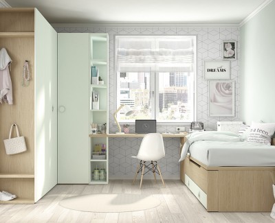 Chambre ado avec lit gigogne avec 2 tiroirs, armoire d'angle, armoire de finition, et bureau avec etagères