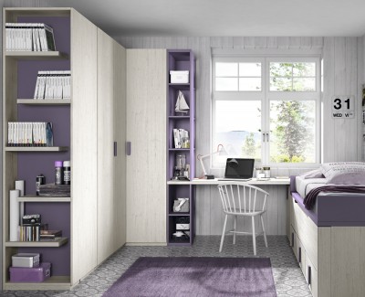 Chambre ado composée de lit compact, armoire d'angle, bureau et étagères