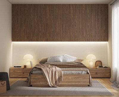 Chambre avec lit double avec coffre, tables de chevet et armoire à portes battantes