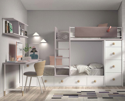Chambre avec lit superposé avec 7 tiroirs et bureau avec meuble coulissant