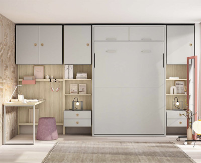 Chambre ado avec lit escamotable, armoires pont, bureau avec étagères et tiroirs