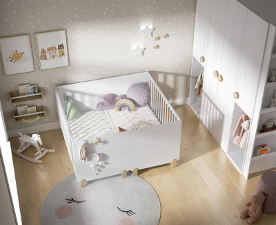 Chambre avec lit bébé pour jumeaux convertible et armoire