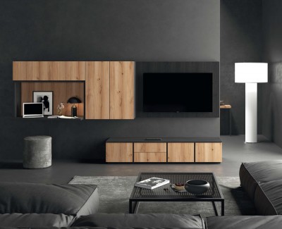 Meuble TV avec 3 tiroirs et 2 portes battantes, et bureau avec ensemble de meubles muraux