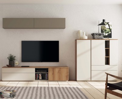 Meuble TV avec 2 tiroirs et 1 porte battante, étagères murales, et meuble auxiliaire avec portes et tiroirs