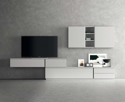 Meuble TV avec tiroirs et portes rabattables, et meubles à étagères muraux