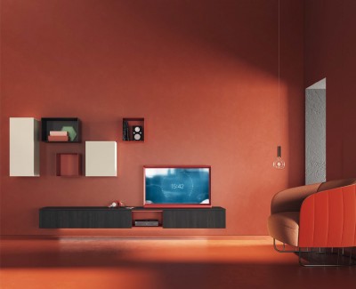 Meuble TV avec tiroirs et ensemble d'étagères murales