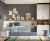 Chambre avec lit compact avec tiroirs et escalier, et armoire avec bureau extractible