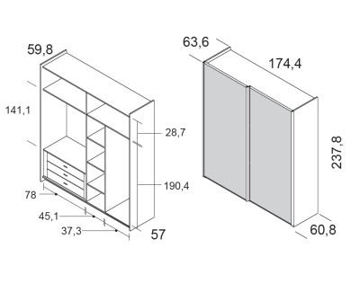 Armoire avec 2 portes coulissantes avec miroir