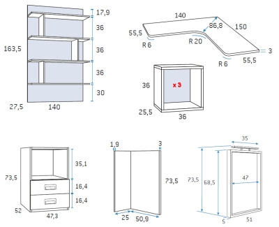 Bureau d'angle avec bibliothèque integré et tiroirs