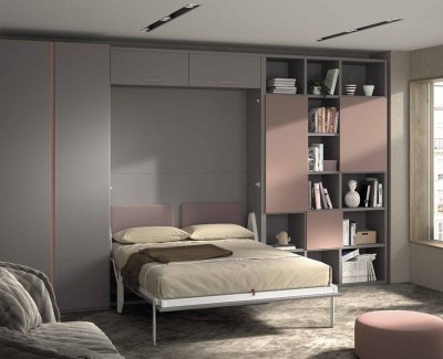 Chambre ado avec lit escamotable, bureau, armoire et bibliotheque