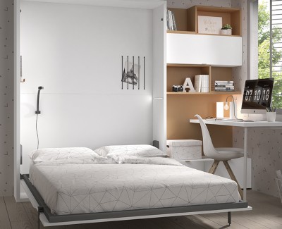 Chambre ado avec lit escamotable et bureau avec étagères et tiroirs