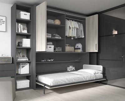 Chambre ado avec lit escamotable avec armoire à portes pliantes, meuble à étagères et bureau