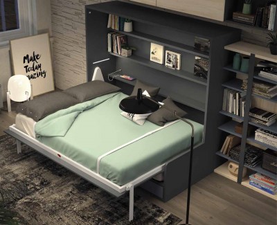 Chambre adulte avec lit escamotable avec canapé, meuble TV, et bibliothèque
