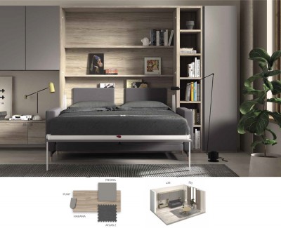 Chambre adulte avec lit escamotable avec canapé, armoires, étagère et meuble de rangement