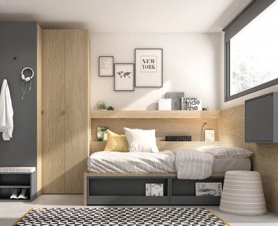 Chambre jeune avec lit compact, armoire d'angle et bureau rabattable