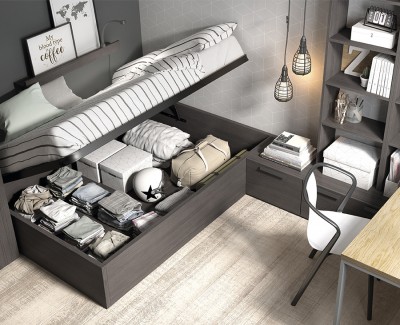 Chambre ado avec lit compact avec coffre, bureau avec étagères, et armoire à portes battantes
