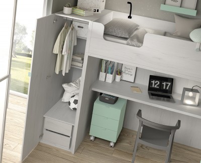 Chambre ado composée d'un lit superposé avec bureau et armoire