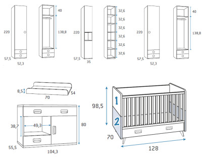 Chambre bébé avec lit, commode avec table à langer et armoire