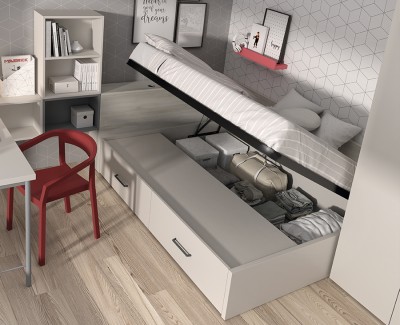Chambre avec lit compact avec coffre et tiroirs, avec bureau et armoire