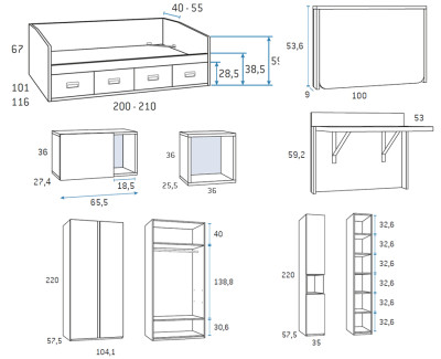 Chambre avec lit compact avec 4 tiroirs