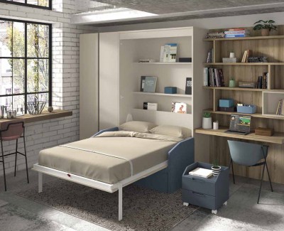 Chambre avec lit escamotable avec canapé, bureau et armoire