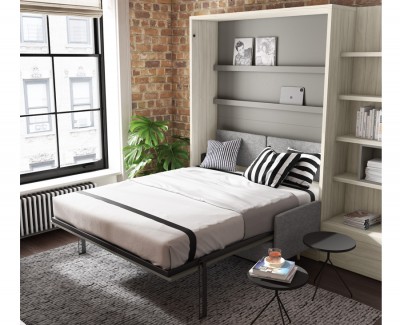 Chambre avec lit escamotable avec canapé et meuble à étagères