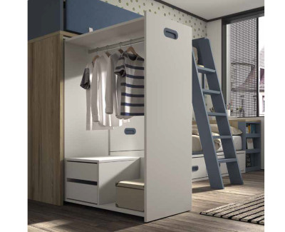 Chambre ado avec lit superposé avec armoire extractible, meuble à 4 tiroirs et meuble extractible porte-revues