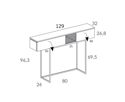 Console avec portes rabattables, étagères et pieds métalliques