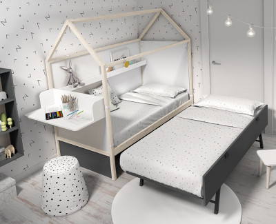Lit maison avec lit d'appoint et bureau