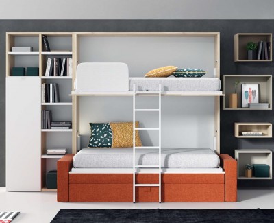 Lit superposé escamotable avec canapé, bibliothèque et étagères
