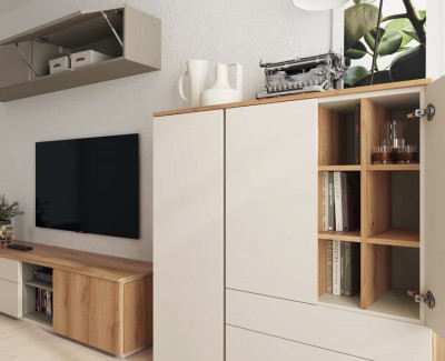 Meuble TV avec 2 tiroirs et 1 porte battante, étagères murales, et meuble auxiliaire avec portes et tiroirs
