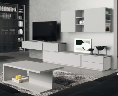 Meuble TV avec tiroirs et portes rabattables, et meubles à étagères muraux