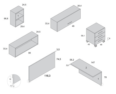 Bureau ado avec caisson à roulettes et étagères