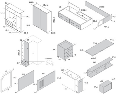 Chambre ado avec lit compact avec tiroirs, armoire, meuble de finition avec miroir, bureau avec caisson à roulettes