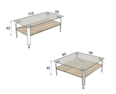 Table basse en verre trempé transparent et pieds métalliques