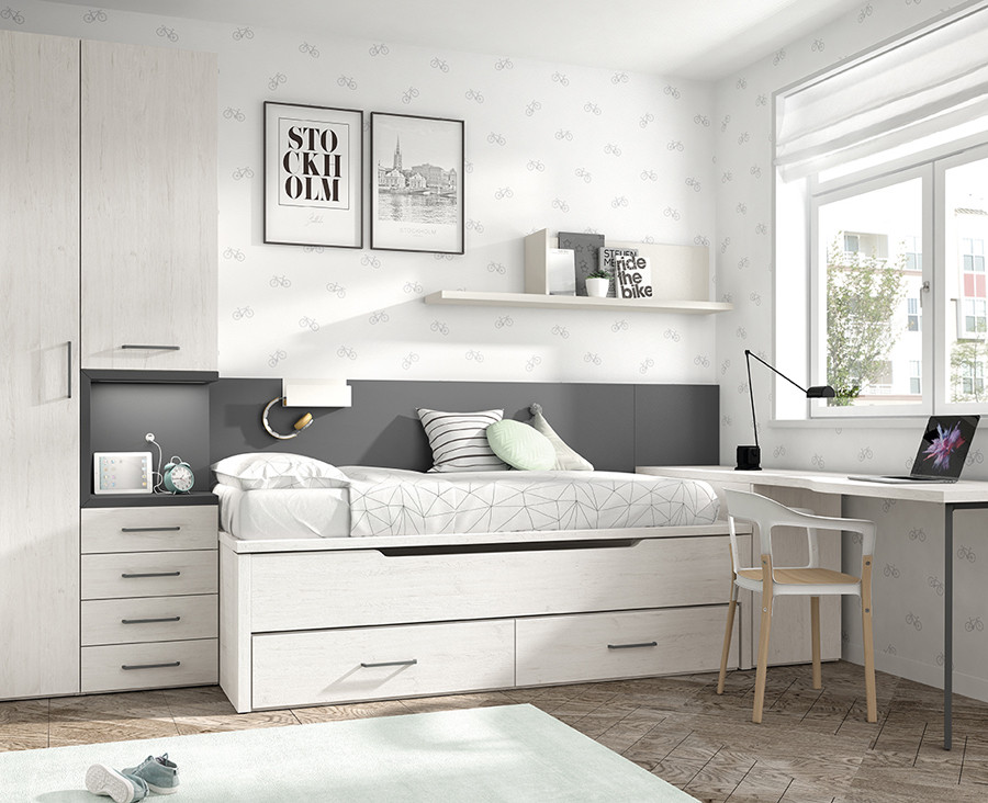 Chambre jeune avec lit gigogne, armoire et bureau avec meuble amovible -  UNNIQ Habitat
