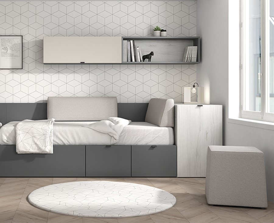 Chambre ado avec 2 lits compacts, coffre de rangement ...