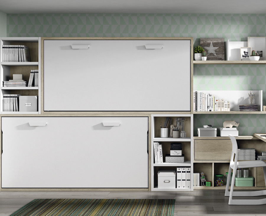 Chambre ado composée de lit superposé escamotable, bureau et étagères 